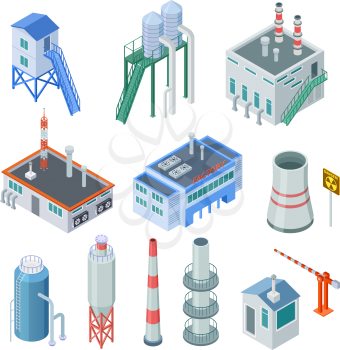Isometric industrial buildings. Factory building power station industrial zone equipment 3d isolated vector set. Building isometric industry, construction 3d plant manufacturing