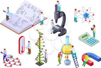 Isometric science set. Scientist and student with huge chemistry and physics lab equipment. Science laboratory education 3d vector set. Illustration of research science chemistry in laboratory