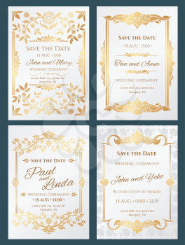 Save the date luxury vector wedding invitation cards with gold elegant border frame. Wedding banner with decoration and lettering, invitation card elegance illustration