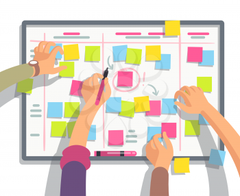 Developers team planning weekly schedule tasks on task board. Teamwork and collaboration vector flat concept. Task scheme whiteboard, taskboard schedule strategy illustration