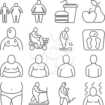 Obese classification, unhealthy overweight people and body appearance levels vector line icons. People body overweight and obesity illustration
