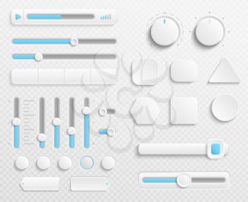 White web buttons and ui sliders vector set isolated on transparent background. Interface for web navigation and ui for video and music control illustration