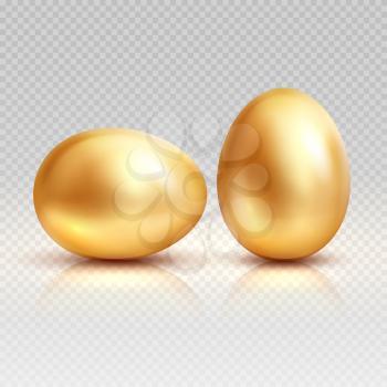 Golden eggs realistic vector illustration for easter greeting card. Gold egg and realistic yellow bright of set