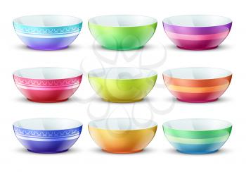 Colourful empty bowls isolated. Porcelain kitchen food plates vector set. Plate porcelain tableware, colored dishware bowl collection illustration