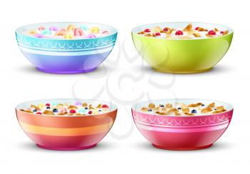 Bowls of breakfast with different milk cereal snacks. Vector set. Breakfast food milk and muesli in bowl illustration