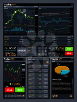 Stock trading vector concept ui with analyze data tools and financial forex market charts. Finance market data, diagram and chart, trade financial graph illustration