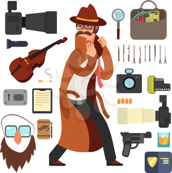 Cartoon surveillance detectives with equipment vector set for investigation concept. Character detective surveillance and investigation illustration