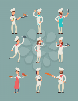 Smiling restaurant chefs, professional cooks in kitchen uniform vector cartoon characters set. Character chef professional in uniform illustration