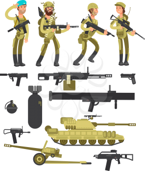 Military soldiers with ammunition, guns and weapons isolated vector collection. Weapon and soldier, army military fighter and tank illustration