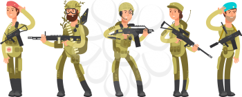 Us army cartoon man and woman soldiers in uniform. Military concept vector illustration. American soldier profession, officer and recruit