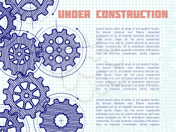 Under construction vector background with hand drawn gears on notebook page. Illustration of under construction banner for web