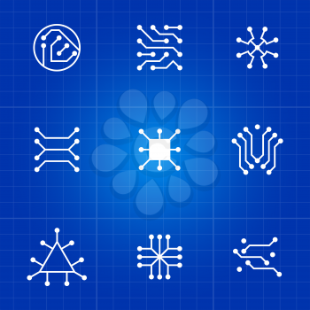 White electronic computer chip circuit and motherboard equipment vector icons. Vector illustration