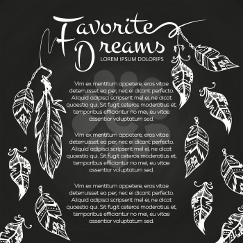 White hand drawn feathers chalkboard poster and banner. Vector illustration
