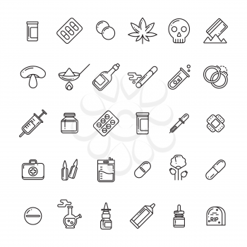 Legal and illegal medical preparations, pills, drugs, tablets linear icons set. Vector illustration