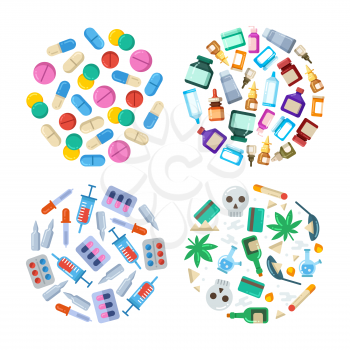 Medicine cartoon pill, drug, table, antibiotics, medication dose flat round concepts. Vector illustration