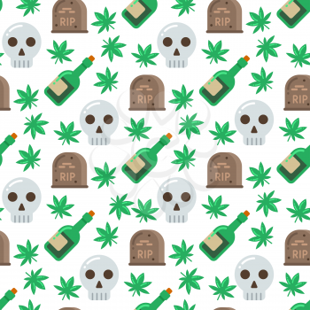 Skull plants alcohol and tombstone seamless pattern design. Vector illustration
