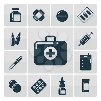 First aid kit silhouette icons set - medicine accessorises icons. Vector illustration