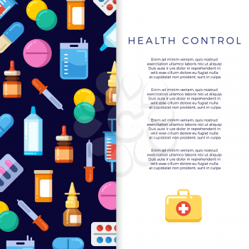 Medicine banner design with bright flat icons drugs. Vector illustration