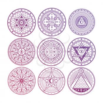 Bright mystery, witchcraft, occult, alchemy, mystical esoteric symbols isolated on white background. Vector magic occult symbols collection illustration