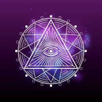 White mystery, occult, alchemy, mystical esoteric sign on shiny colorful background. Vector illustration