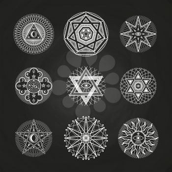 White mystery, occult, alchemy, mystical esoteric symbols on blackboard. Illustration of spirituality illuminati signs for spiritual religion esoteric vector