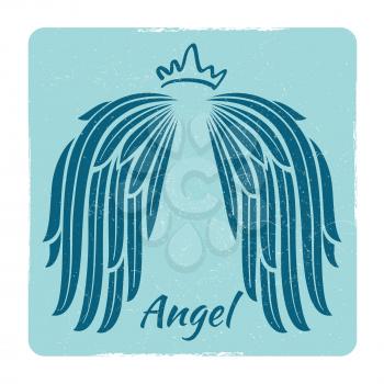 Elegant grunge emblem with angel wings isolated on white backgorund. Vector illustration