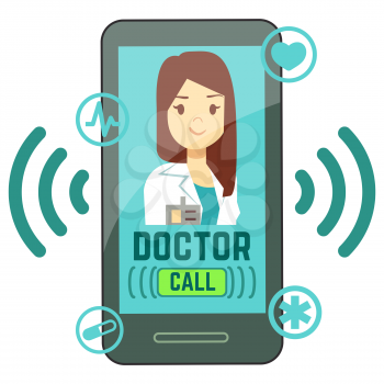 Flat mobile doctor, personalized medicine consultant on smartphone screen. Medicine online, consultation doctor on smartphone app. Vector illustration