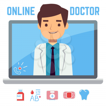 Flat online doctor, internet computer health service, medical consultation vector concept. Medical web consultation online, service support hospital illustration