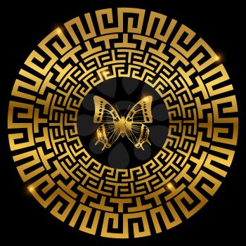 Golden ancient greek ornament with shiny butterfly on black. Vector illustration