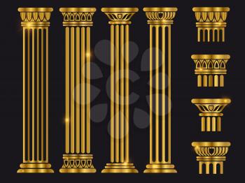 Golden shiny ancient rome architecture column set on black. Vector illustration