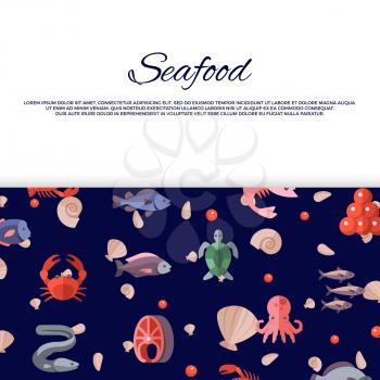 Seafood banner design with bright caviar, fishes, crabs, salmon. Vector illustration