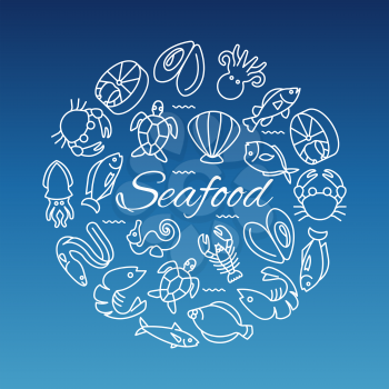 Seafood line icons banner with fish shrimp oyster. Vector illustration
