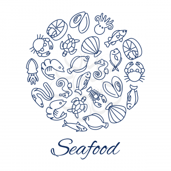 Seafood line icons round concept with fishes oyster crabs isolated on white background. Seafood shrimp and oyster, fish and lobster. Vector illustration