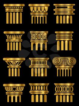 Shiny golden ancient rome architecture column collection on black. Vector illustration