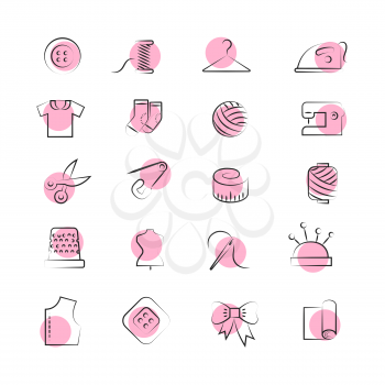 Hand drawn linear fabric, sewing, tailor, knitting vector icons isolated on white background. Vector illustration