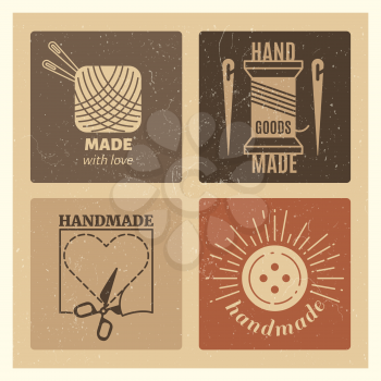 Hipster grunge handmade badges design - needlework vintage emblem set. Handmade craft logo, label tailoring, vector illustration