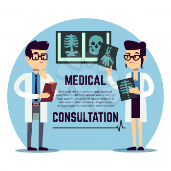 Male and female young doctors make diagnosis - medical consultation emblem design. Vector illustration