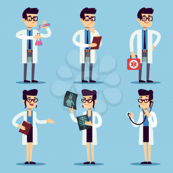 Male and female young doctors set. Vector doctor man and woman, medical professional surgeon specialist illustration