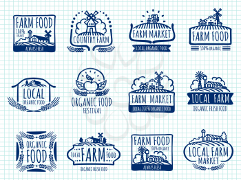 Ballpoint pen doodle farm and organic food vector labels on notebook page. Farm natural food label, healthy emblem market illustration