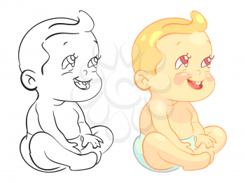 Cartoon baby coloring page with colorfull sample isolated. Vector illustration