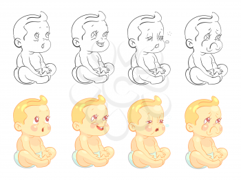 Emotional cute baby coloring page with samples isolated on white background. Vector baby boy funny face, happy child character expression illustration