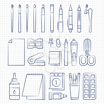 Ballpoint pen drawing office stationery linear icons on notebook page. Vector illustration