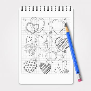 Hand drawn hearts set with realistic pencil and notebook. Vector pencil and notebook, drawing sketch doodle heart illustration