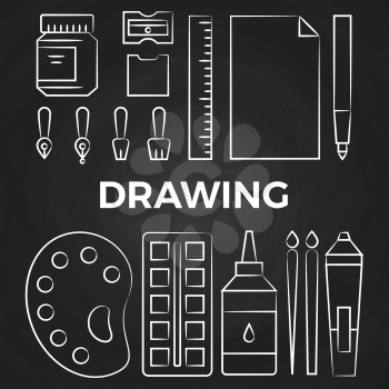 Hand drawn linear drawing stationery icons on chalkboard. Vector illustration