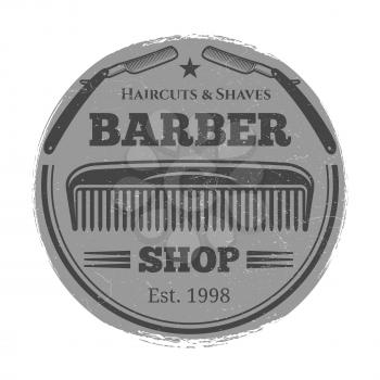 Monochrome barber shop vintage label - hairdressing salon emblem. Vector illustration