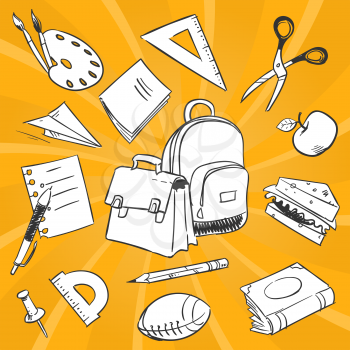 Necessary students things - hand drawn stationery, school bags, food on colorful backdrop. School drawing stationery tools for education. Vector illustration