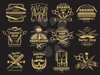 Old golden barbershop vector emblems and labels. Vintage male haircut signs illustration