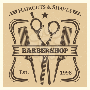 Vintage retro barbershop label desing on grunge background. Vector illustration