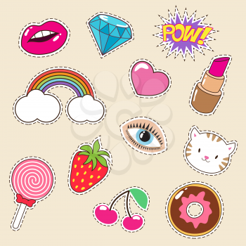Cute colourful girl vector fashion patches. Lipstick, rainbow, diamond and strawberry icons. Vector embroidery badge and patch, heart sticker and strawberry applique illustration