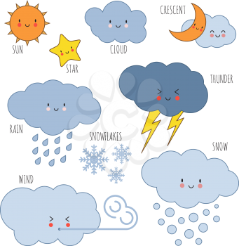 Cartoon weather kids vocabulary vector icons. Weather drawing sun and cloud, rain and storm, cloudy and thunder illustration